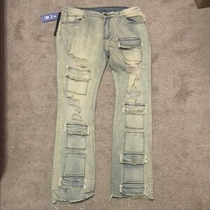 ROMWE Tan Straight Jeans with Modern Distressing